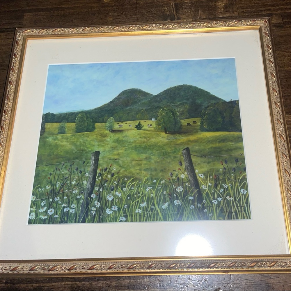 Lovely farm painting print signed/numbered in the corner. White mat gold frame